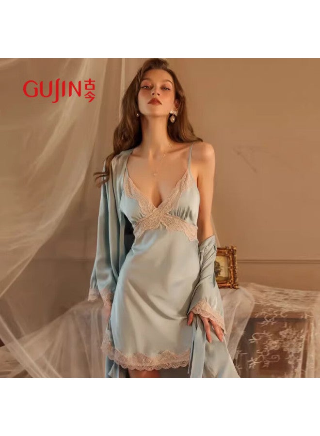 Gujin Spring/summer New Ice Silk Nightgown Robe Set For Women With Chest Pad Lace Trim Spaghetti Strap Long Sleeve Pajamas - Image 2
