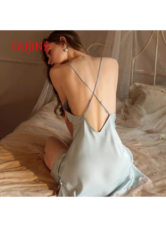 Gujin Spring/summer New Ice Silk Nightgown Robe Set For Women With Chest Pad Lace Trim Spaghetti Strap Long Sleeve Pajamas - Image 4