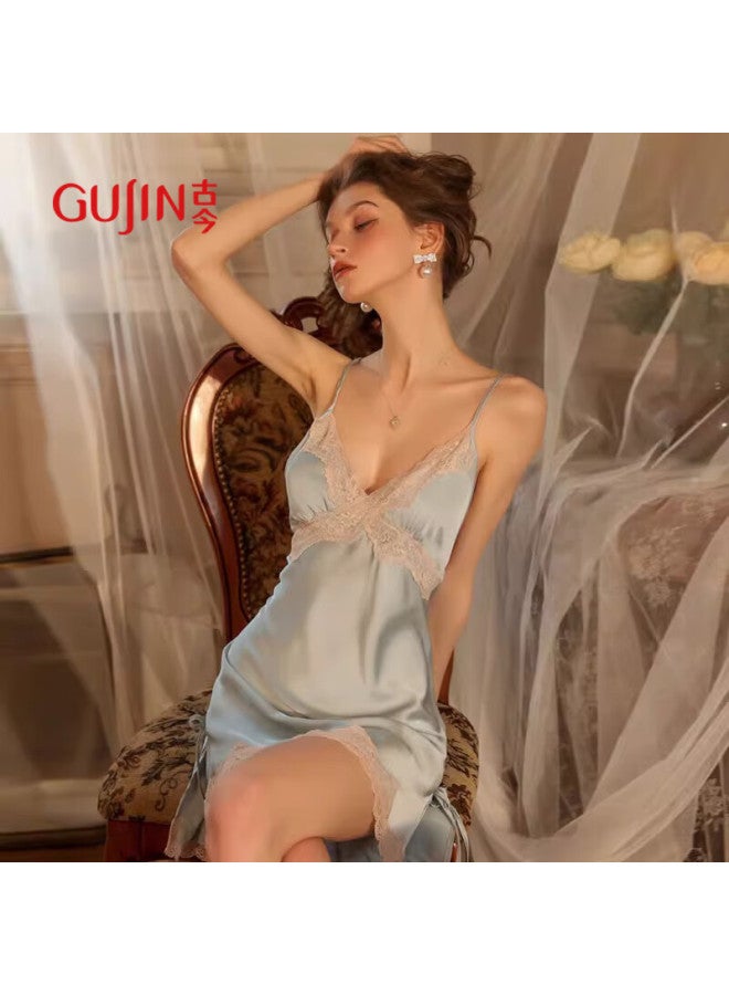 Gujin Spring/summer New Ice Silk Nightgown Robe Set For Women With Chest Pad Lace Trim Spaghetti Strap Long Sleeve Pajamas - Image 3