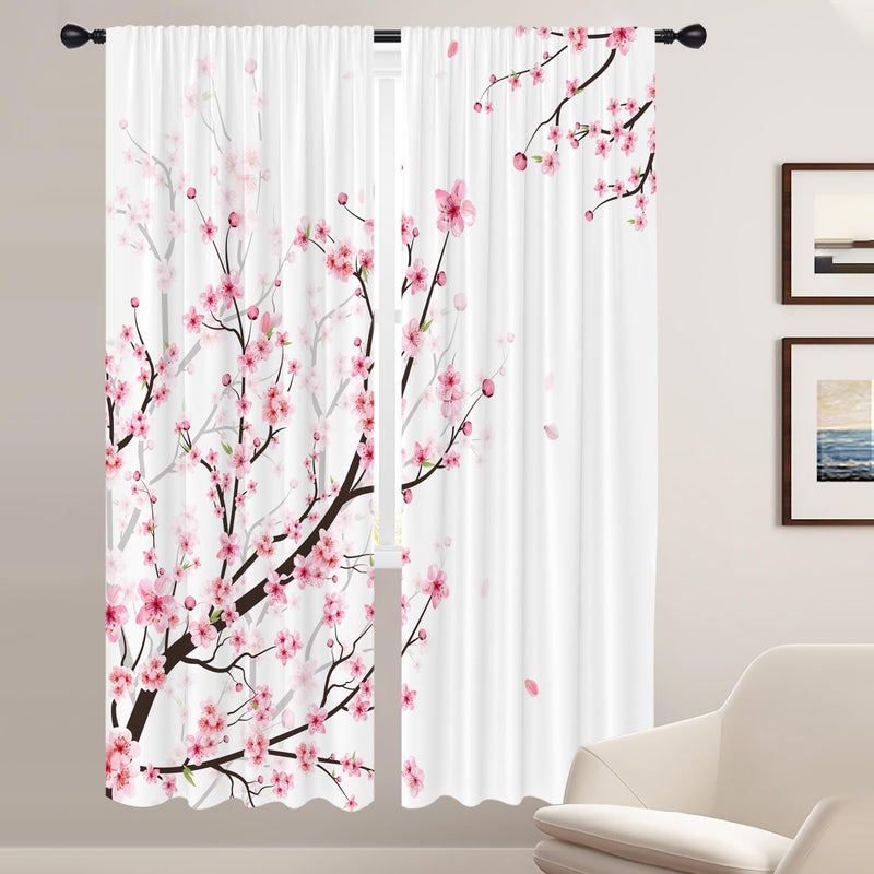 Coxila Pink Cherry Blossom Window Curtains for Bedroom 42 x 84 Inch Rod Pocket Japanese Sakura Flower Floral Pattern Design Curtains Living Room Treatment Set of 2 Curtain Panels Drapes