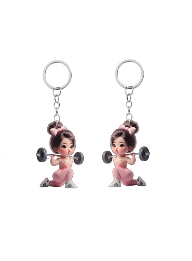 2 Pack Creative Weightlifting Girl Keychain, Keychain, Suitable for Backpacks, Office Files, Bags, Keys, etc - Image 1