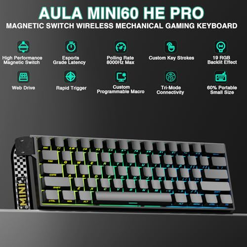 CORBOBO Aula MINI60 HE PRO Wireless Gaming Keyboard 60%,Hall Effect Rapid Trigger Magnetic Keyboard,8000Hz Polling,Tri-Mode(BT5.0/2.4GHz/USB-C),RGB Hot Swappable Compact Mechanical Keyboard for Gamer(Black) - Image 2