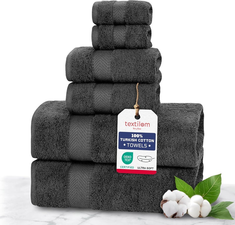 TEXTILOM 100% Turkish Cotton 6 Pcs Bath Towel Set, Luxury Bath Towels for Bathroom, Soft & Absorbent Bathroom Towels Set (2 Bathtowels, 2 Hand Towels, 2 Washcloths)- Black - Image 1