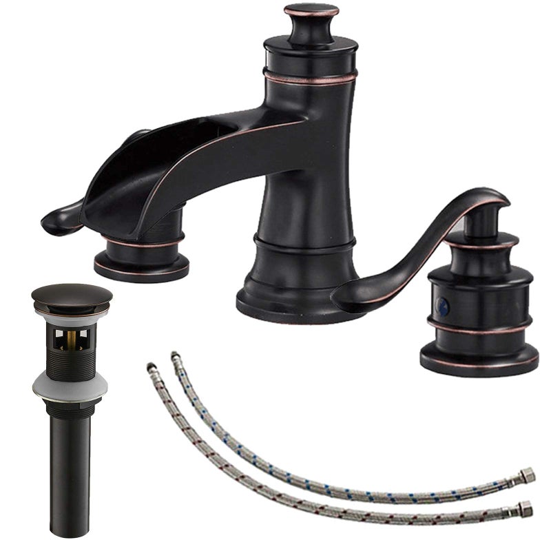 BATHLAVISH Bathroom Faucet 3 Hole Oil Rubbed Bronze for Sink Waterfall Widespread 8 Inch 2 Handle Farmhouse with Pop Up Drain with Overflow Vanity Basin Lavatory Commercial Parts