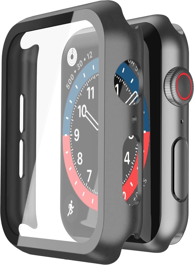Misxi Black hard case with glass screen protector, compatible with Apple Watch Series 6 / SE / Series 5 / Series 4 44 mm, pack of 2