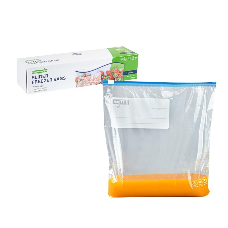 Restaurantware Restaurantware Bag Tek 1 Gallon Freezer SliderBags 25 Disposable Zipper Pouch Bags  Slide Zipper Expandable Bottom Clear Plastic Freezer Bags With WriteOnLabel For Food Storage  - Image 1