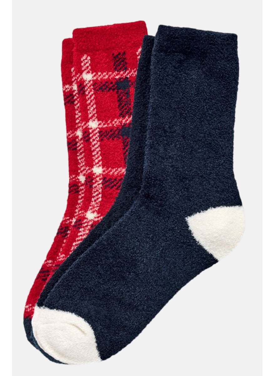 Tchibo - Women 2 Pair Plaid And Textured Cosy Socks, Red - Image 1