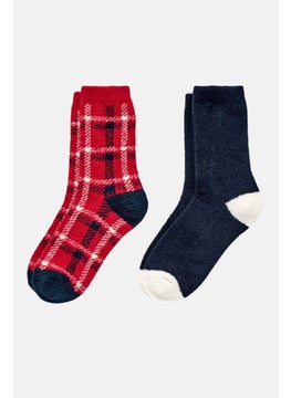 Women 2 Pair Plaid And Textured Cosy Socks, Red