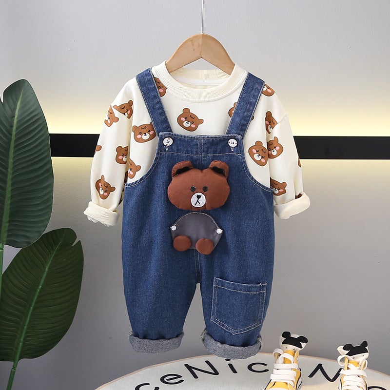 Boys spring fashion casual two-piece set new spring and autumn three-dimensional dinosaur bear suspender trousers suit direct sales Three-dimensional bear