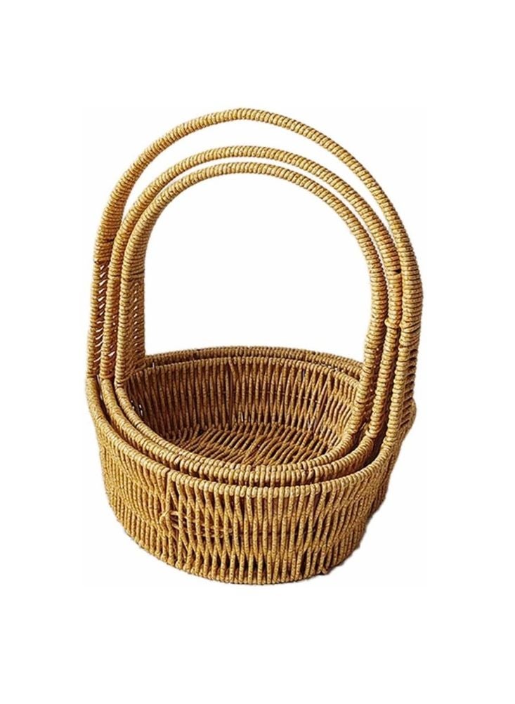 مجموعة من ٣ سلال دائرية من الخيزران مع مقابض - تخزين متداخل مزخرف يدويًا
