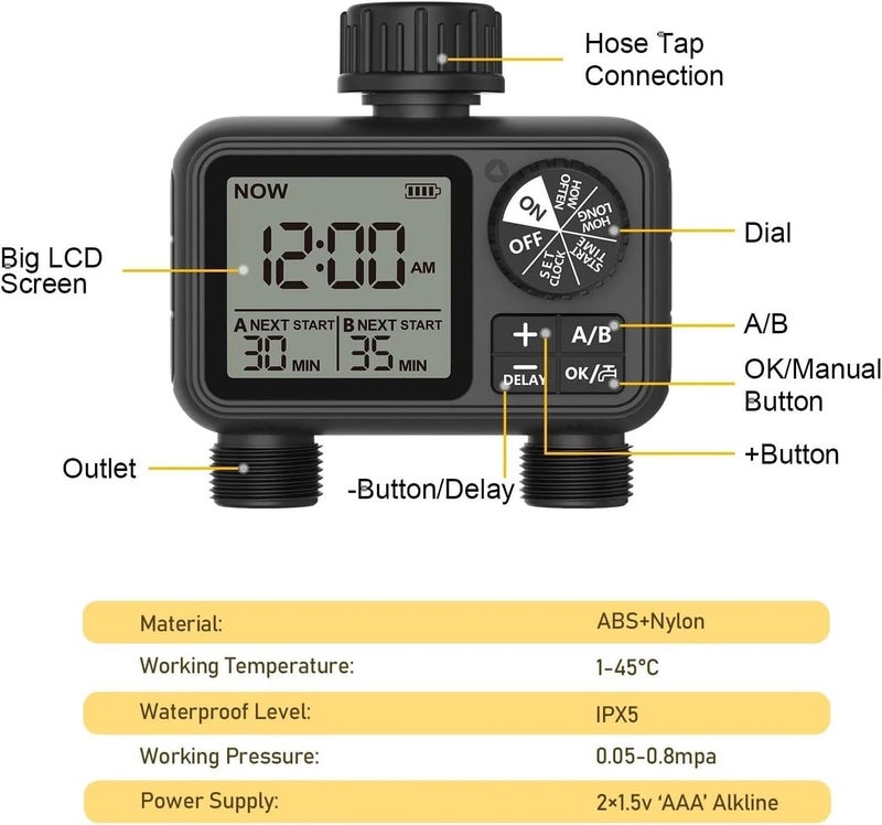 Pinolex 2-Outlet Digital Water Timer A/B-Zone Independent Programmer Control Adjustable Sprinkler Easy Installation - Image 4