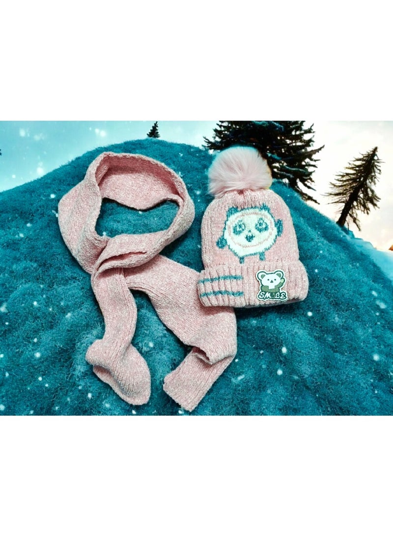 طقم قبعة ايس كاب شتوية للأطفال مع وشاح اسكرف للأولاد والبنات - Image 2