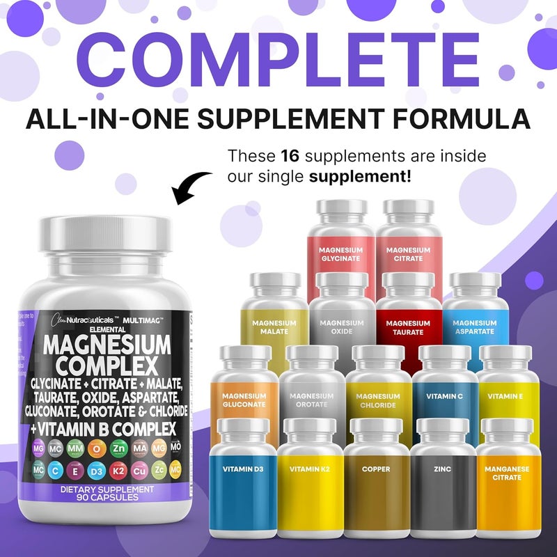 Clean Nutraceuticals Magnesium Complex with Magnesium Glycinate Citrate Malate Oxide Taurate Aspartate Orotate  Mag Chloride Zinc Copper Manganese  Vitamin C B1 B2 B6 B12 Complex  1Pack - Image 2
