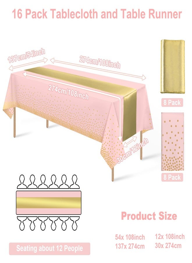 MASHAN 16Pack Disposable Plastic Tablecloths and Satin Table Runner Set Pink and Gold Dot Tablecloth Gold Satin Table Runner for Wedding Birthday Baby Shower Anniversary Christmas New Year Party Supplies - Image 2