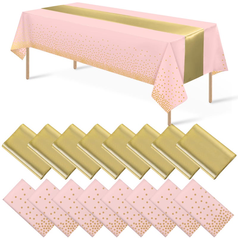 MASHAN 16Pack Disposable Plastic Tablecloths and Satin Table Runner Set Pink and Gold Dot Tablecloth Gold Satin Table Runner for Wedding Birthday Baby Shower Anniversary Christmas New Year Party Supplies - Image 1