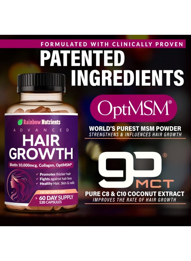 Rainbow Nutrients Hair Growth Vitamins for Women | Biotin 10,000mcg + Collagen + OptiMSM® + goMCT® | Saw Palmetto | Vegan Capsules 120 (60-Day Supply) - Image 5