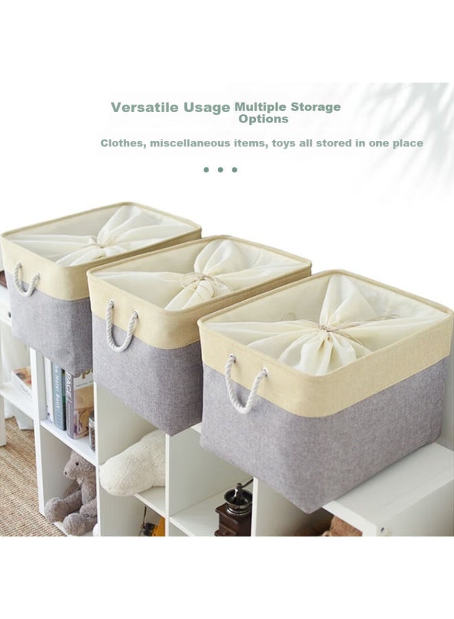 Eekiks Style Cotton And Linen Storage Basket, Thickened Double-layer Storage Basket With Drawstring, Foldable Laundry Hamper, Cotton And Linen Blue Large Size - Image 3