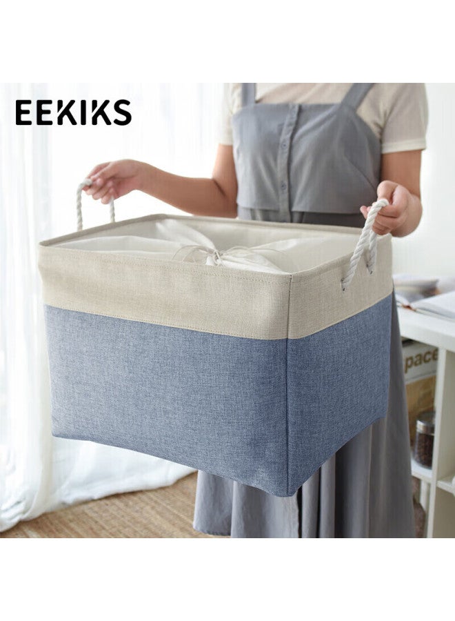 Eekiks Style Cotton And Linen Storage Basket, Thickened Double-layer Storage Basket With Drawstring, Foldable Laundry Hamper, Cotton And Linen Blue Large Size - Image 1