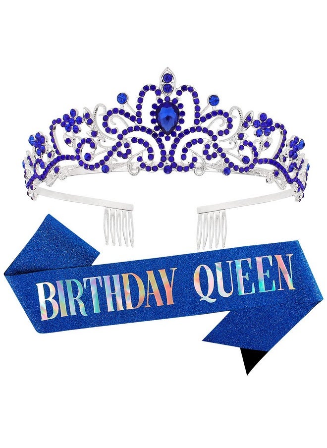 Velscrun Velscrun Happy Birthday Queen Blue Silver Tiara Crowns for Women, Birthday Sash, Birthday Party Favors Supplies Birthday Gift for Her, 50th Birthday Party Decorations, Birthday Stuff Accessories  - Image 1