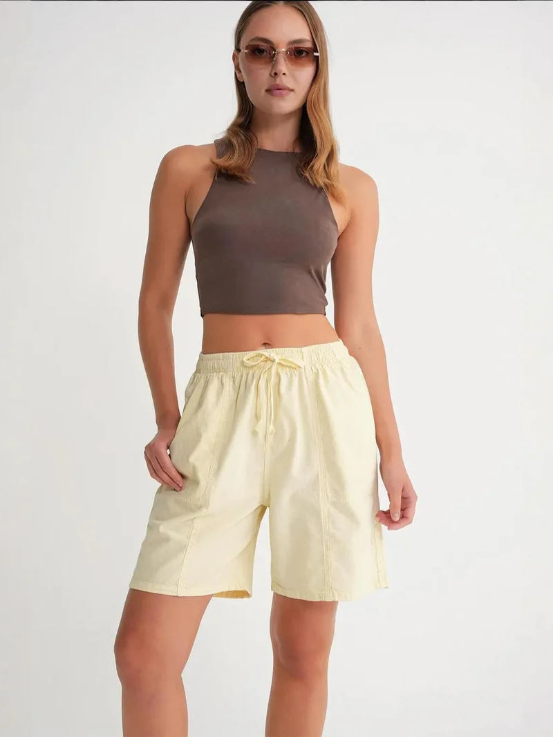 Mixray Lemon Yellow Mixray High Waist Cotton Drawstring Mini Shorts for Women | Best Price UAE