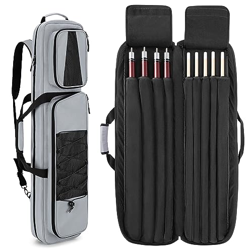 GOBUROS 4x5 Pool Cue Case, Billiard Stick Carrying Case Holds 4 Butts and 5 Shafts, Soft Pool Stick Bag with Large Front Accessories Pockets and Shoulder Strap for Easy Carry, Gray - Image 1