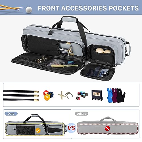 GOBUROS 4x5 Pool Cue Case, Billiard Stick Carrying Case Holds 4 Butts and 5 Shafts, Soft Pool Stick Bag with Large Front Accessories Pockets and Shoulder Strap for Easy Carry, Gray - Image 3