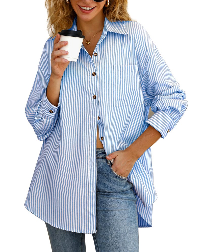 CHYRII Womens Striped Button Down Shirt Casual Long Sleeve Blouse Top Indigo Blue-7174 S - Image 4