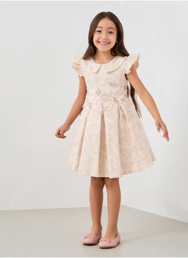 Styli Jaquard Lace Detail Embellished Pleated Dress