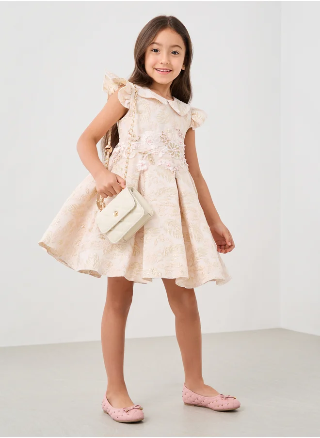 Styli Jaquard Lace Detail Embellished Pleated Dress