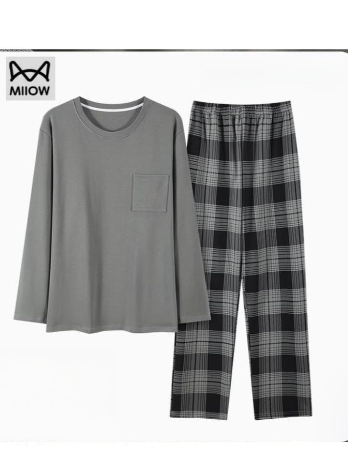 MIIOW طقم ملابس منزلية بسيط بأكمام طويلة من القطن الخالص للرجال - Image 1