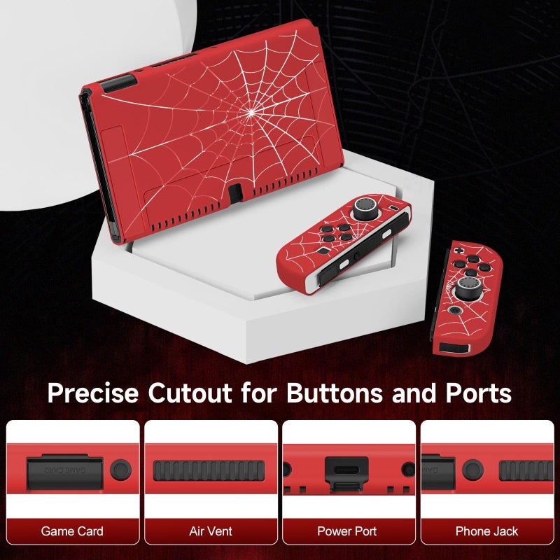 JINGDU Protective Case Compatible with Nintendo Switch OLED 2021, TPU Case Accessory for Switch Console and Grip JoyCon, Switch Protector with 4 Thumb Grips, Red Spider Web - Image 3
