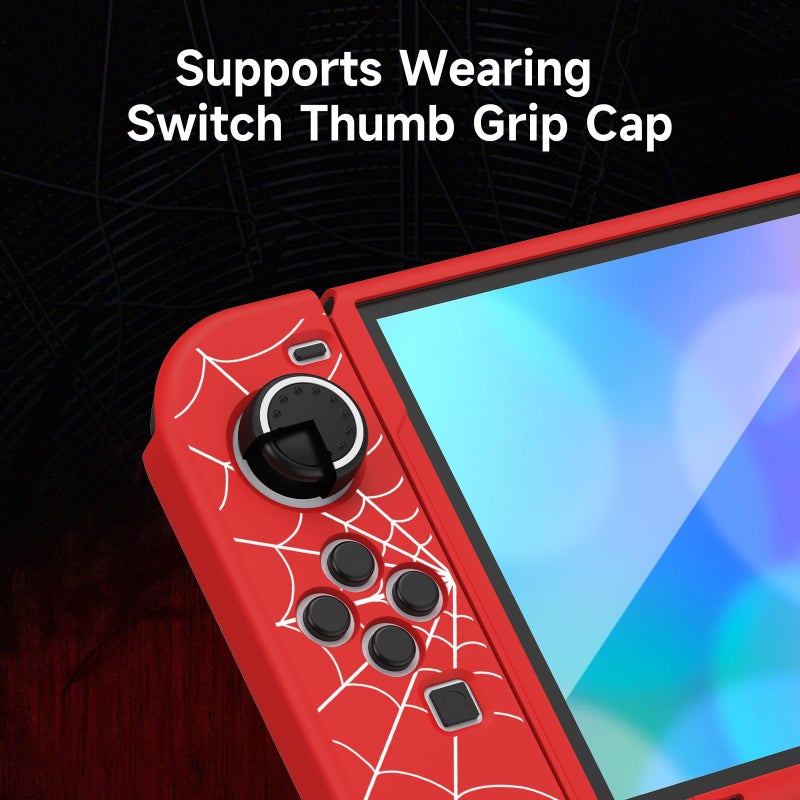 JINGDU Protective Case Compatible with Nintendo Switch OLED 2021, TPU Case Accessory for Switch Console and Grip JoyCon, Switch Protector with 4 Thumb Grips, Red Spider Web - Image 4