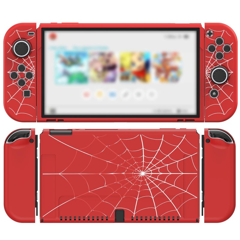 JINGDU Protective Case Compatible with Nintendo Switch OLED 2021, TPU Case Accessory for Switch Console and Grip JoyCon, Switch Protector with 4 Thumb Grips, Red Spider Web - Image 1