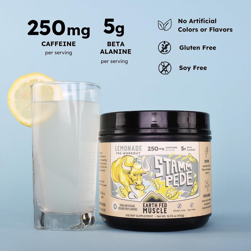Earth Fed Muscle Stammpede Pre Workout Powder Lemonade Flavor 250mg Caffeine Powder 5g Beta Alanine Citrulline Taurine  Tyrosine Gluten  Sugar Free Pre Workout Keto Friendly 26 Servings - Image 2