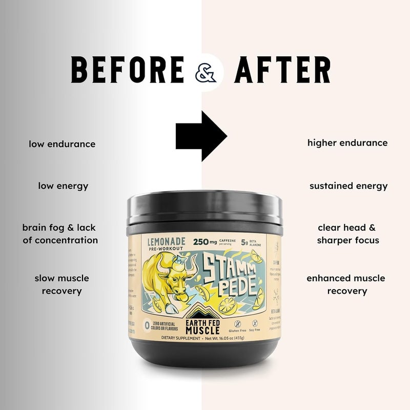 Earth Fed Muscle Stammpede Pre Workout Powder Lemonade Flavor 250mg Caffeine Powder 5g Beta Alanine Citrulline Taurine  Tyrosine Gluten  Sugar Free Pre Workout Keto Friendly 26 Servings - Image 5
