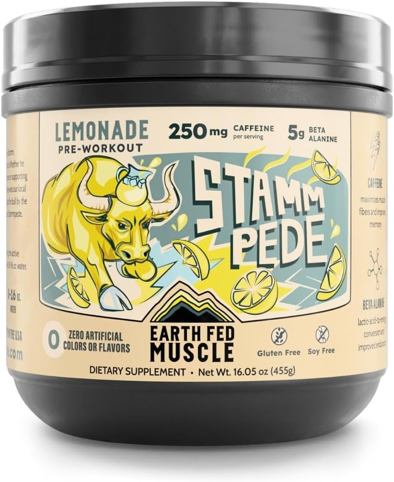 Earth Fed Muscle Stammpede Pre Workout Powder Lemonade Flavor 250mg Caffeine Powder 5g Beta Alanine Citrulline Taurine  Tyrosine Gluten  Sugar Free Pre Workout Keto Friendly 26 Servings - Image 1