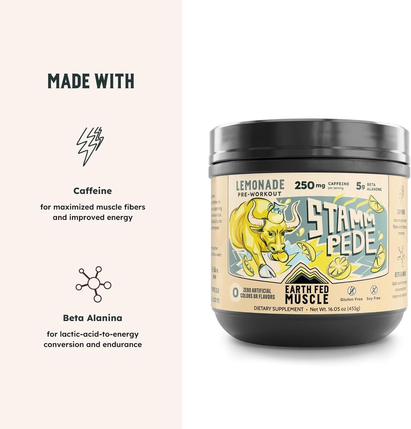 Earth Fed Muscle Stammpede Pre Workout Powder Lemonade Flavor 250mg Caffeine Powder 5g Beta Alanine Citrulline Taurine  Tyrosine Gluten  Sugar Free Pre Workout Keto Friendly 26 Servings - Image 3