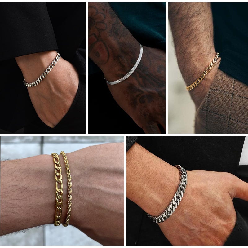 Zocomi Black Bracelets for Men Boys Stainless Steel Cuban Link Figaro Rope Chains Wrist Band Accessories Metal Mens Bracelet Set Jewelry Gifts Him Male Pulsera Para Hombres 8.3 Inch - Image 2