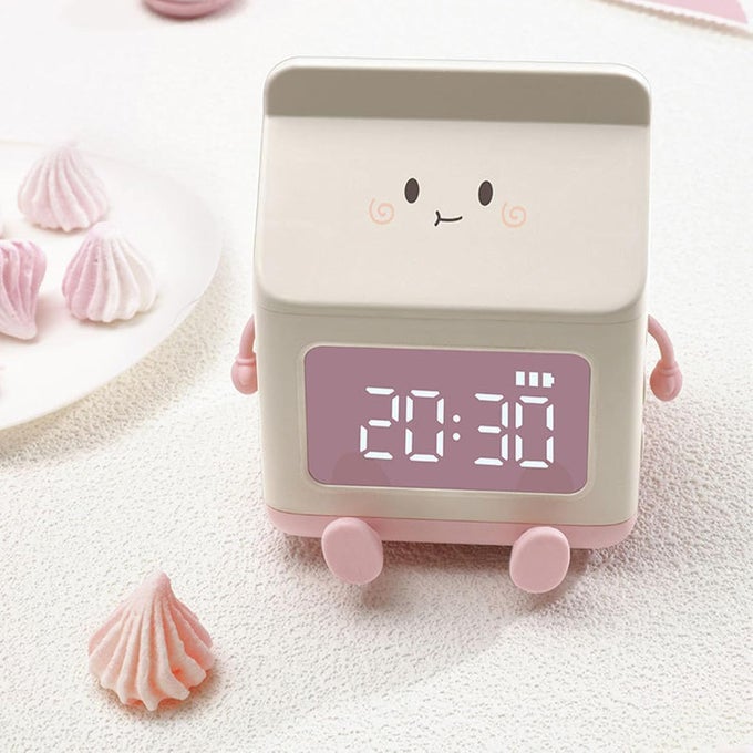 ALARM CLOCK PLASTIC DIGITAL ALARM CLOCK WITH CUTE MILK BOX SHAPE AND LED DISPLAY SCREEN ELECTRIC ALARM CLOCKS BEDSIDE RECHARGEABLE CLOCK ALARM FOR HOME OFFICE KITCHEN SCHOOL