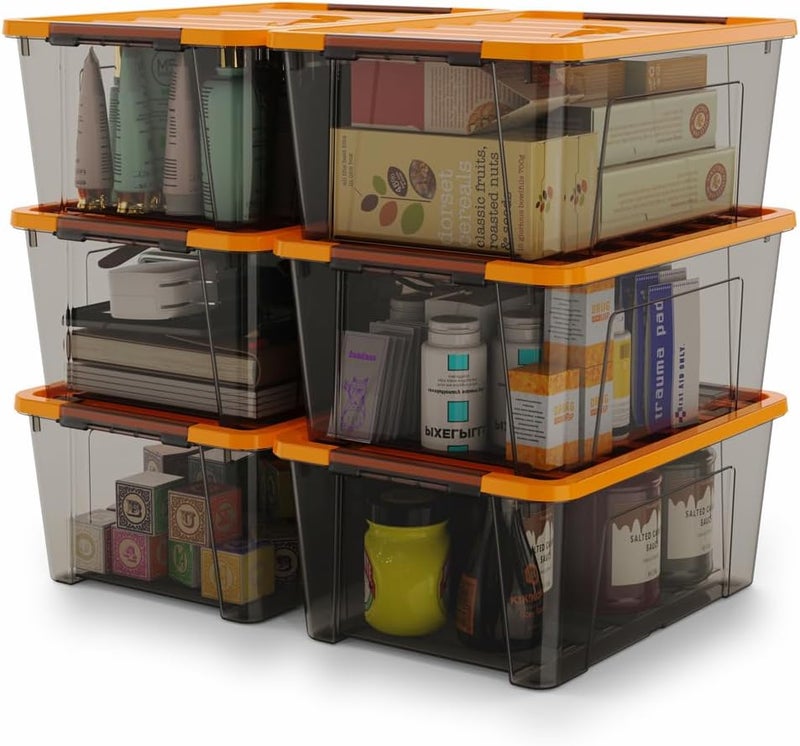 WYT 5-Quart Small Storage Container Bin with Orange Secure Lid and Black Clear Latch Buckles, Durable Plastic Stackable Nestable Organizin, 6-Pack - Image 1