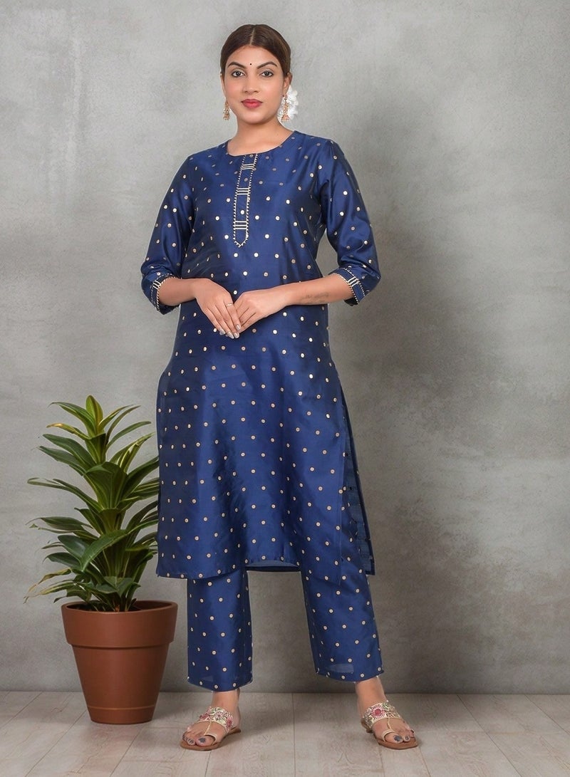 Riara Women Navy Blue Kurti with Pant Set 3/4 Sleeves Suitable for Casual Wear and Fusion Wear Art Silk (Taffeta Booty) Size M  - Image 1