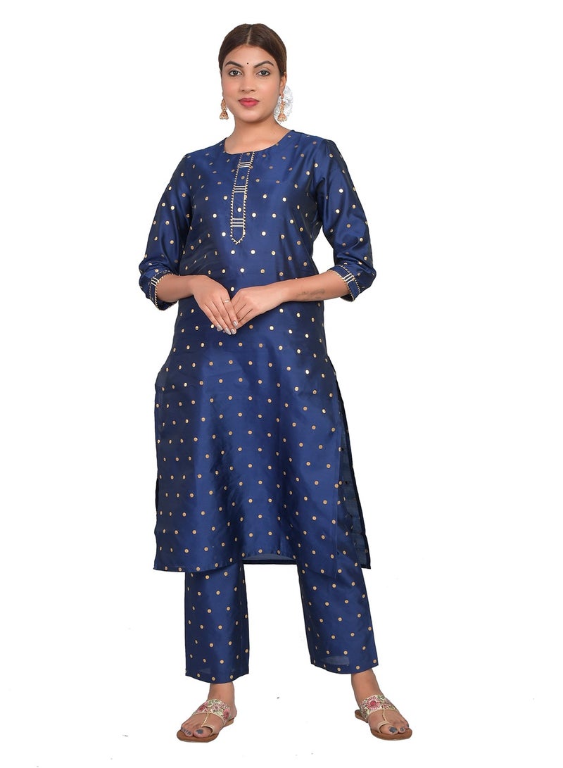 Riara Women Navy Blue Kurti with Pant Set 3/4 Sleeves Suitable for Casual Wear and Fusion Wear Art Silk (Taffeta Booty) Size M  - Image 2