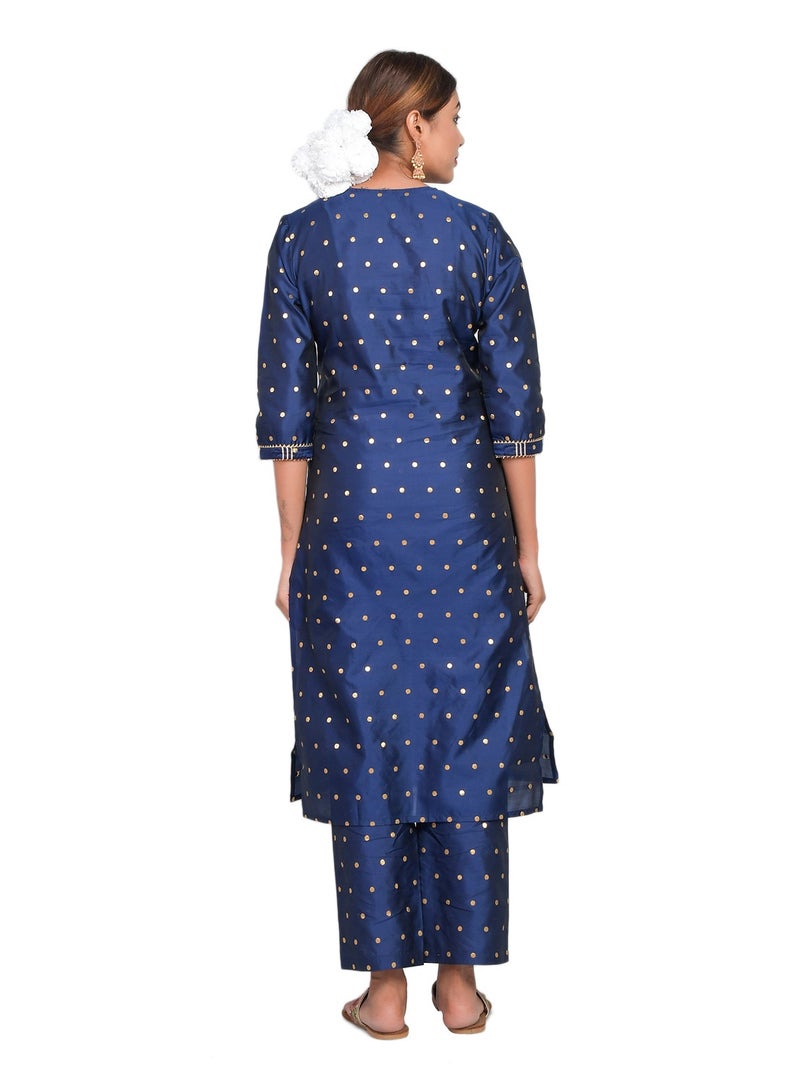 Riara Women Navy Blue Kurti with Pant Set 3/4 Sleeves Suitable for Casual Wear and Fusion Wear Art Silk (Taffeta Booty) Size M  - Image 5