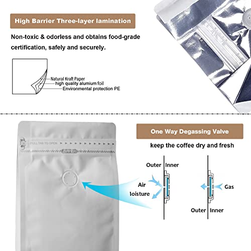 felipack 100 Count 32 Ounces /1 KG White Kraft Paper Coffee Bags - High Barrier Aluminium Foil Liner - Flat Bottom Coffee Pouches with Degassing Valve, Food Storage Bags with Rsealable Zipper & Easy Open Tape (100pcs, 32oz/1kg) - Image 3