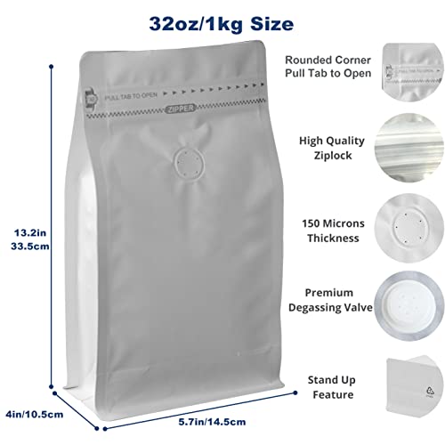 felipack 100 Count 32 Ounces /1 KG White Kraft Paper Coffee Bags - High Barrier Aluminium Foil Liner - Flat Bottom Coffee Pouches with Degassing Valve, Food Storage Bags with Rsealable Zipper & Easy Open Tape (100pcs, 32oz/1kg) - Image 2