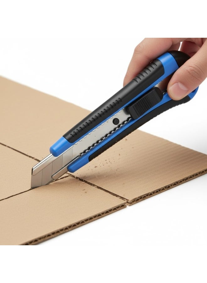 لوكاداه سكين متعدد الاستخدامات شديد التحمل مقاس 18 مم بشفرات قابلة للكسر، طقم قاطع كرتون احترافي مع شفرات احتياطية، مقبض مطاطي مانع للانزلاق، قبضة مريحة وسكين حرفي حاد قابل للسحب، أداة قطع مثالية للكرتون والسجاد والمستودعات ومناطق التعبئة والتغليف والبلاستيك، للاستخدام المنزلي والمكتبي - Image 2