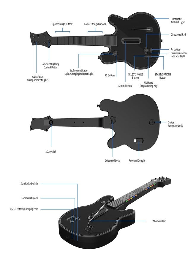 JOYTORN Wireless Guitar Controller Compatible with PS4/PC/PS3, Wireless Remote with Strap/RGB Light for Guitar Hero,Rock Band Games-Sleek Black - Image 2