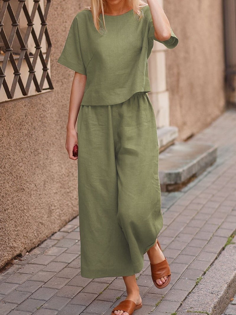 Barbora Linen Casual Elastic Waist Women's Two Piece Set Bottom Top LN10HAKI14 