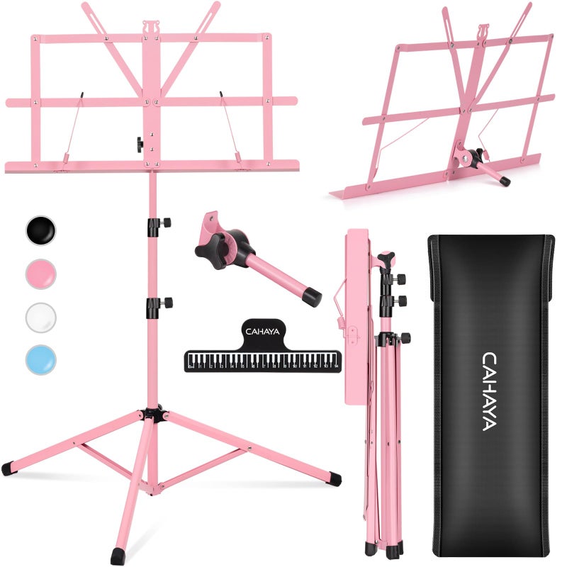 CAHAYA Portable Sheet Music Stand Dual Use Desktop Book Holder Folding Lightweight Extra Stable Reinforced with Carrying Bag and Clip for Students Musicians Height Adjustable up to 543 CMS0204P