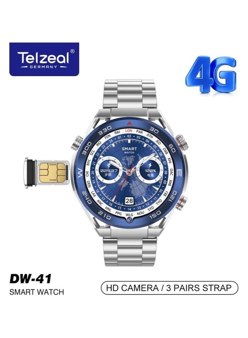 Telzeal DW-41 4G Smart Watch for Men and Boys with 1.53 Inch Full Curved Display, 4GB RAM 64GB Storage, Built-in Front Camera, SIM Card Slot, GPS & Fitness Tracker – Stylish Smartwatch with 3 Interchangeable Straps & Magnetic Charging Cable - Image 1